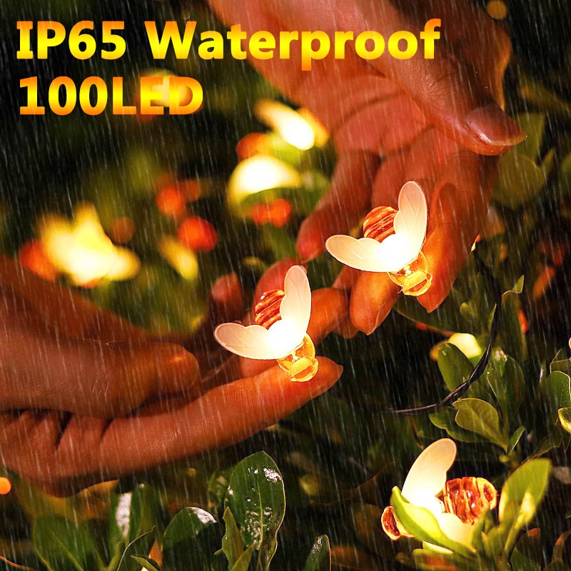 New Solar String Light 100 LED Cute Bee Outdoor Wedding Garden Patio Party Christmas Tree Honeybee Starry Fairy Decor Lamp