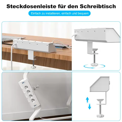 EU-grenuttag med flera kontakter och klämfäste för skrivbordet, dragringkontakt, 4 USB-A- och 2 USB-C-portar, enkelströmbrytare, 2 m kabel 10 best sales skrivbordsuttag - №8