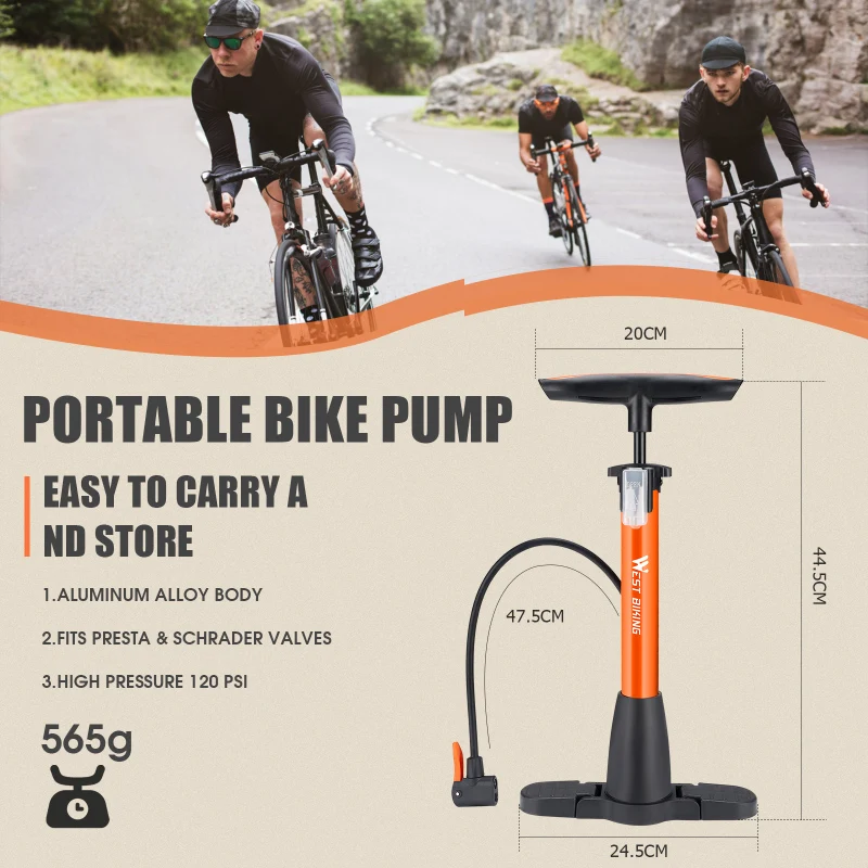 WEST BIKING High Pressure Bike Floor Pump Presta Schrader Valves MAX 160PSI Multi-Purpose For Car Bike Motorcycle Bicycle Pump