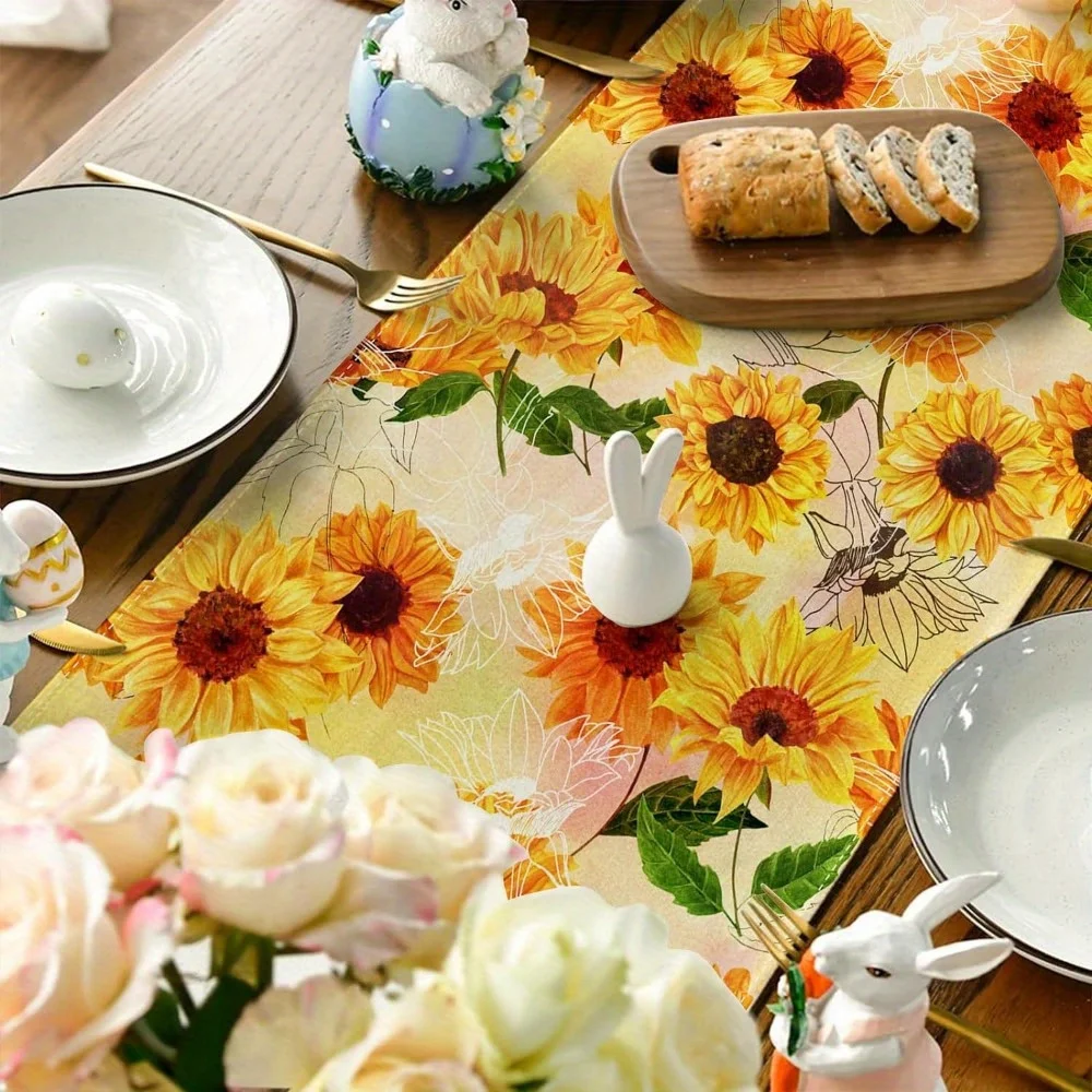 Sunflower Floral Table Runner 2D Single Print Yellow Home Decor Accessory Bright Cheerful Nature-Themed Durable Table Use Runner