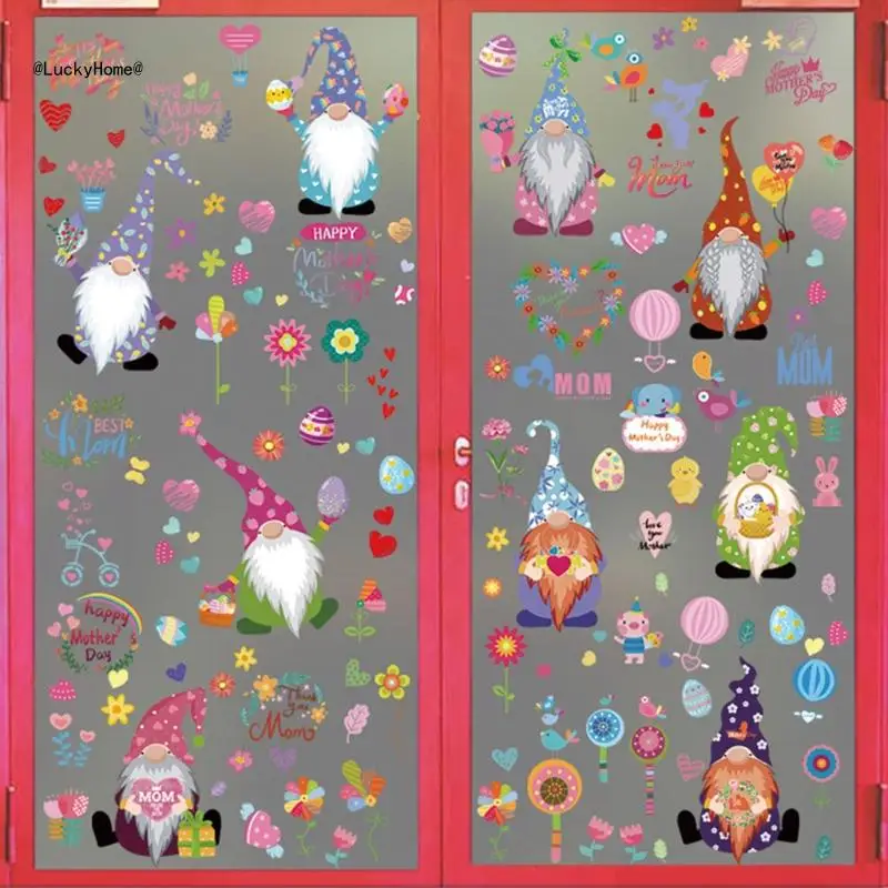 9 Sheets Mother's Day Stickers Swedish Gnome Glass Window Clings Decals Decor 11UA