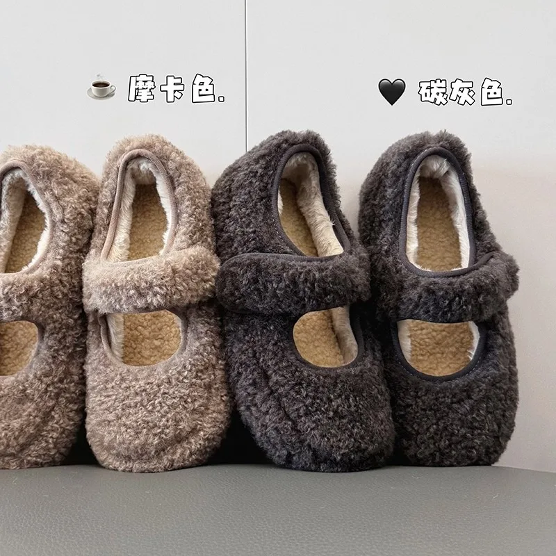 

Lambswool Inside Heightener Bear Bread Shoes Fuzzy Shoes Women's Retro Casual Plus Fleece Warm Mary Jane Cotton Shoes