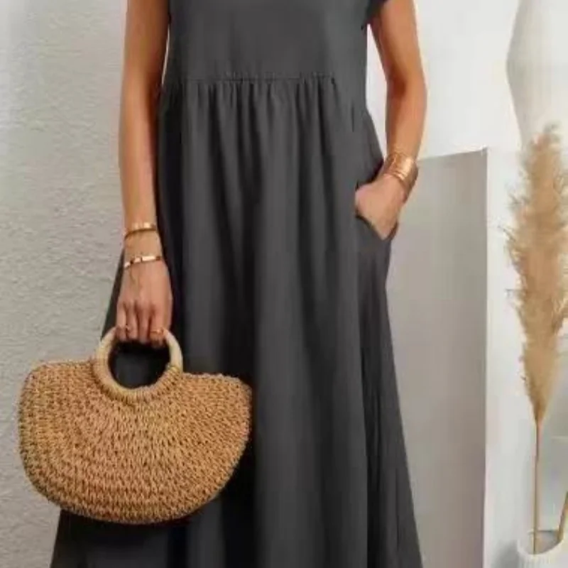 2025 novas mulheres vintage vestido sólido elegante o pescoço manga curta vestidos de linho algodão feminino casual solto vestido longo