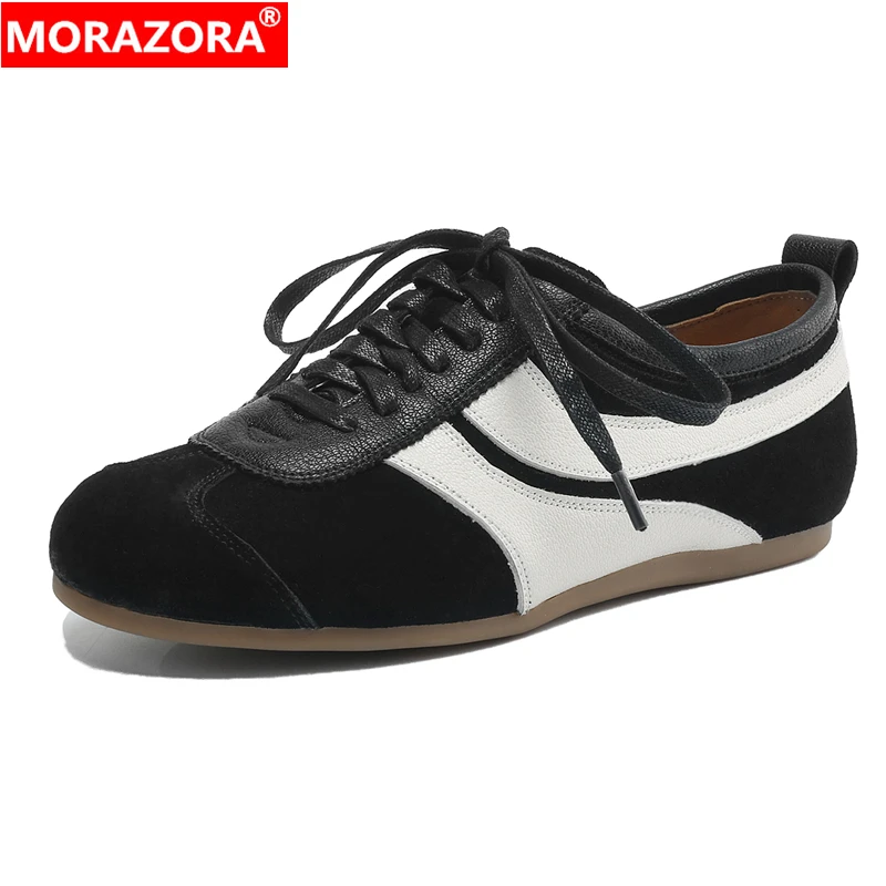MORAZORA Size 35-43 Cow Suede Women Flats Lace Up Black Brown Flat Sneakers Retro INS Hot Black Brown Casual Street Shoes