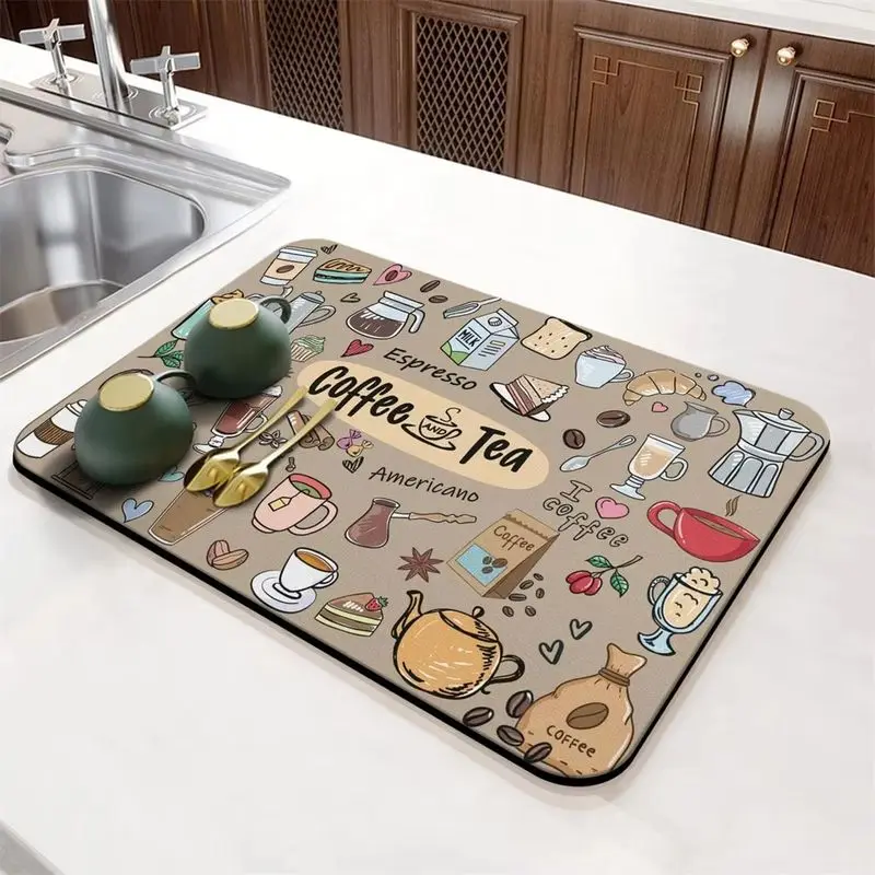VIKAMA Coffee Words Dish Drying Mat Black Latte Print Absorbent Non Slip Counter Pad For Coffee Bar Cafe Home Decor