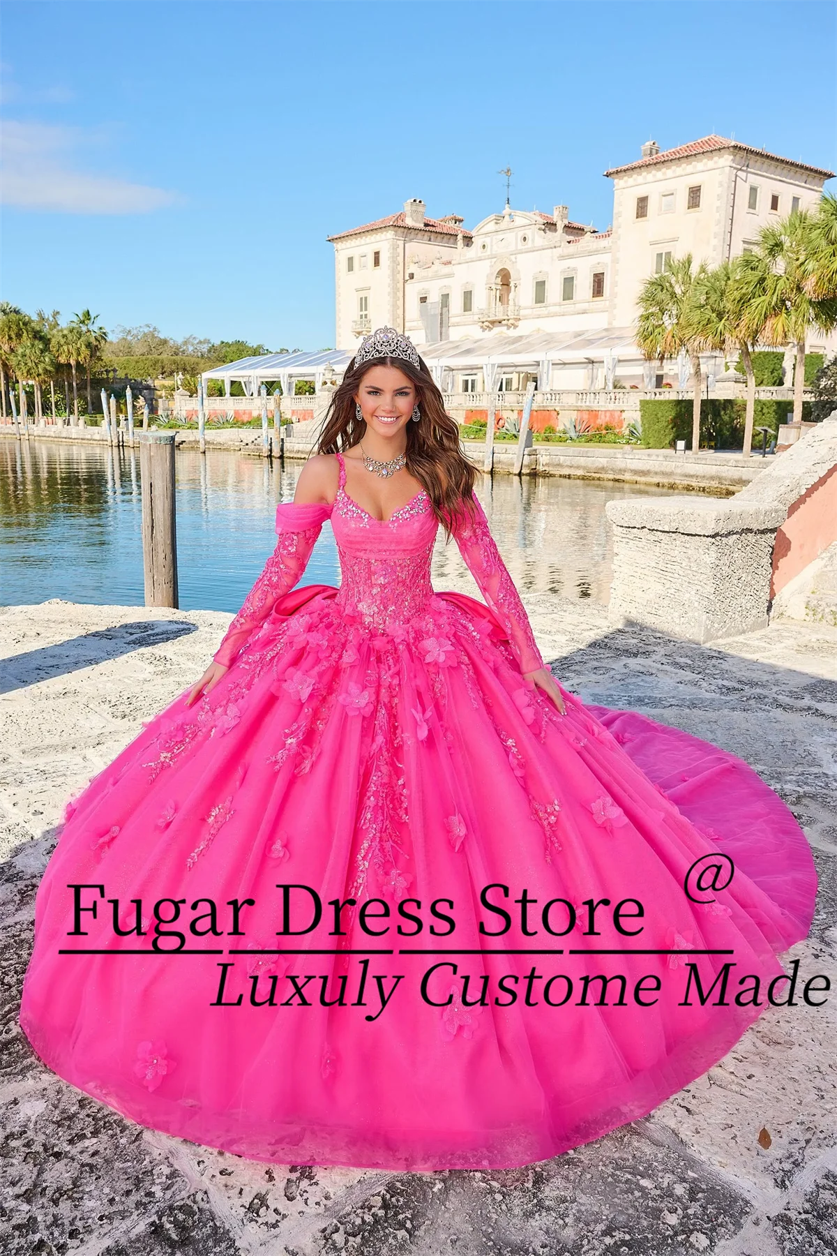 Hot Pink Sequin Long Sleeve Quinceanera Dresses Three-Dimensional Flowers Luxuly Beading Ball Gown Sweet 16 Vestidos De XV Años