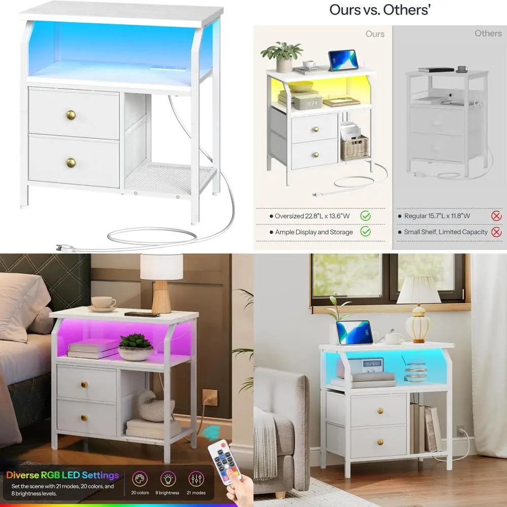 

23 LED-lit Nightstand with Charging Dock and Fabric Drawers, White WT160UDBZ01