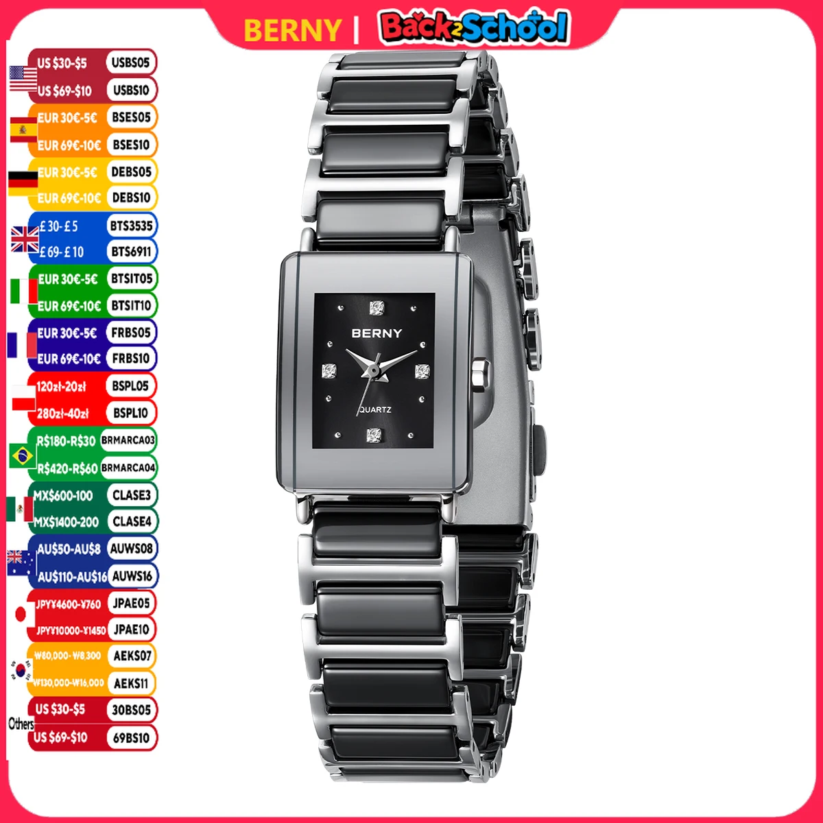 BERNY Rectangle Women's Watch Swiss Movement Fashion Casual Ceramics Quartz Watches Diamond Vintage Ladies Wristwatch