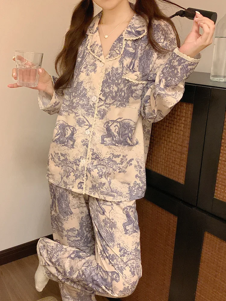 New Lace Loose Printing Autumn Winter Long Sleeve Pajama Set Women Vintage Totem Chinese style Chinese style Elegant Sleepwear