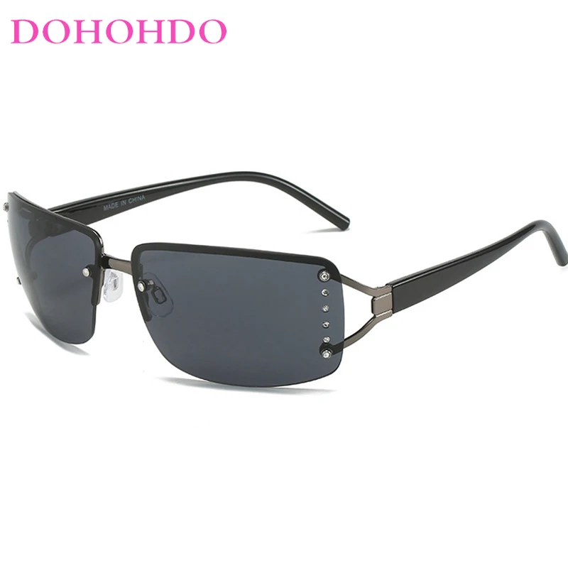 DOHOHDO Rimless Y2k Sunglasses For Women Men Trendy Shield Wrap Around Rectangle Sun Glasses Fashion New Diamond Studded Glasses