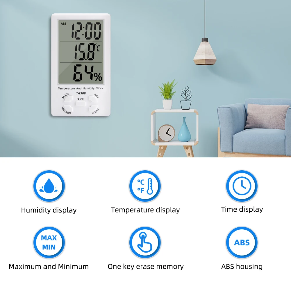 Yieryi 3 in 1 Digital Thermohygrometer 0°C-50℃ Clock ABS Indoor Thermometer Monitoring Sensor Humidity Meter Temperature Teser