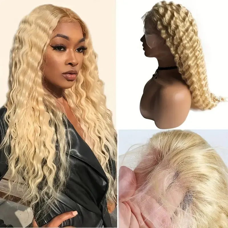 20 40 Inches 13x4 Lace Front 613 Blonde 13x6 Lace Frontal Wig Blonde Deep Wave Glueless Curly  Human Hair Wig 150 Density