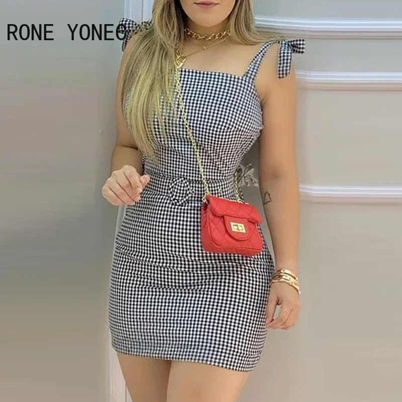 Women Elegant Dress Tied Shoulder Plaid Mini Dress With Waist Belt  Casual Dress