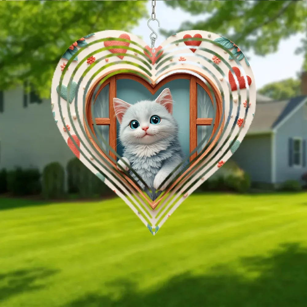 2D Flat - Two-Dimensional Flat Metal Wind Chime, Featuring a Charming Cat Peeking from a Window