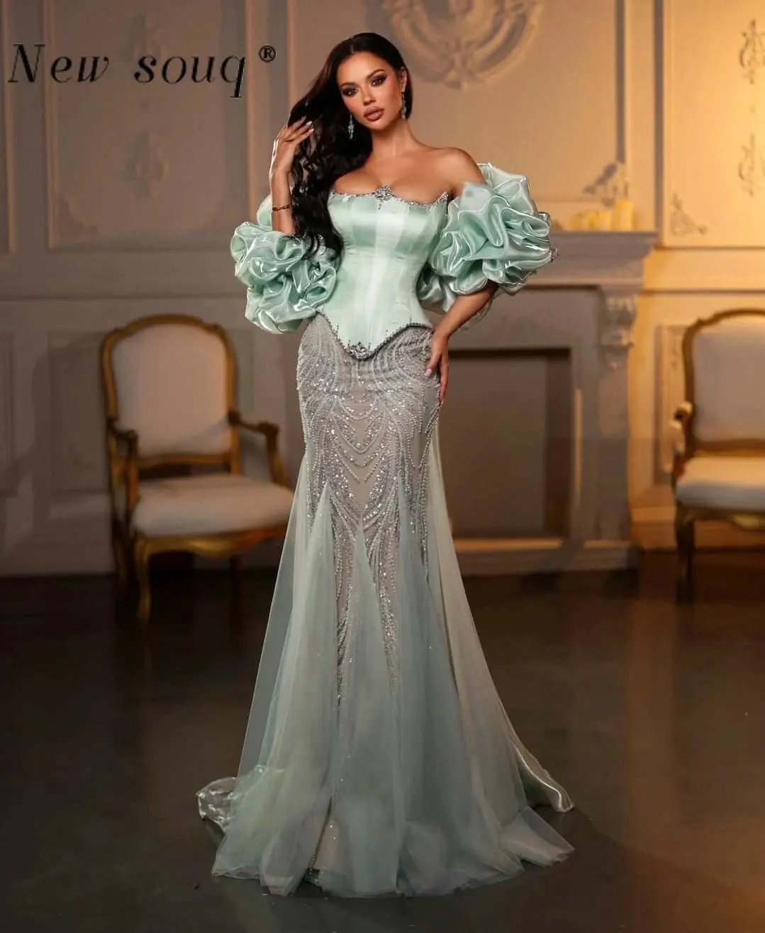 

Customized Mint Green Strapless Long Mermaid Evening Dresses with Detachable Organza Overskirt Cape Sparkling Wedding Party Gown