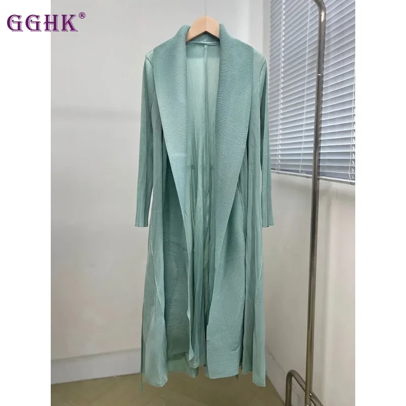 GGHK Miyake Pleated Women Plus Size Design Cardigan Trench Coat Long Sleeve Lapel Solid Color Lengthened Casual Vintage Jacket