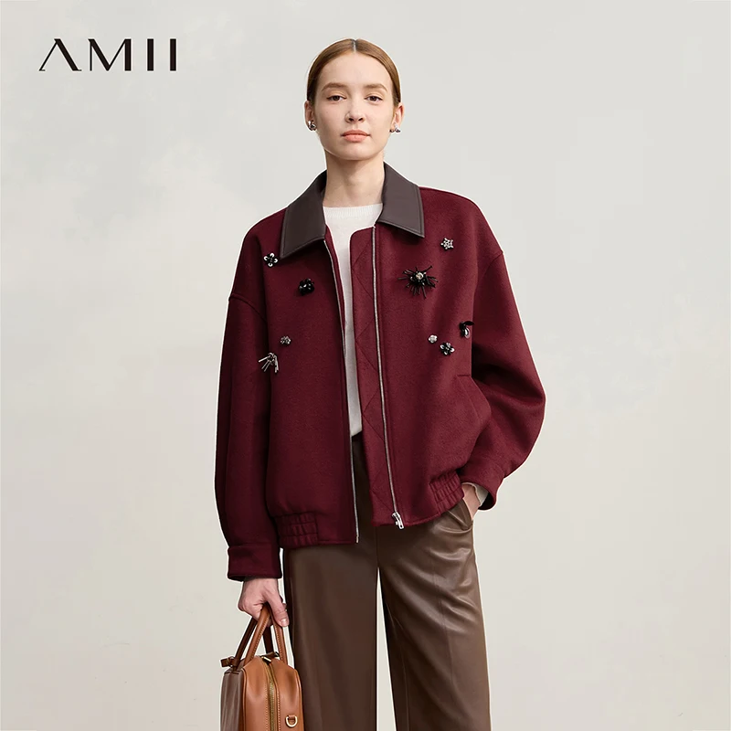 

AMII Woolen Coat Woman 2025 Winter Warm New Christmas Gift Loose Coats Medi Long PU Leather Lapel Zipper Women's Jacket 12554020