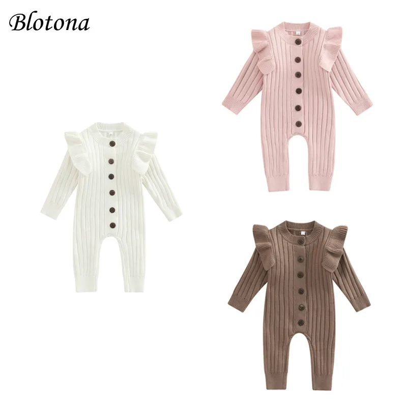 Blotona Newborn Baby Girls Fashion Knit Fall Winter Romper Solid Color Ruffled Long Sleeve Button Jumpsuit for Daily Wear