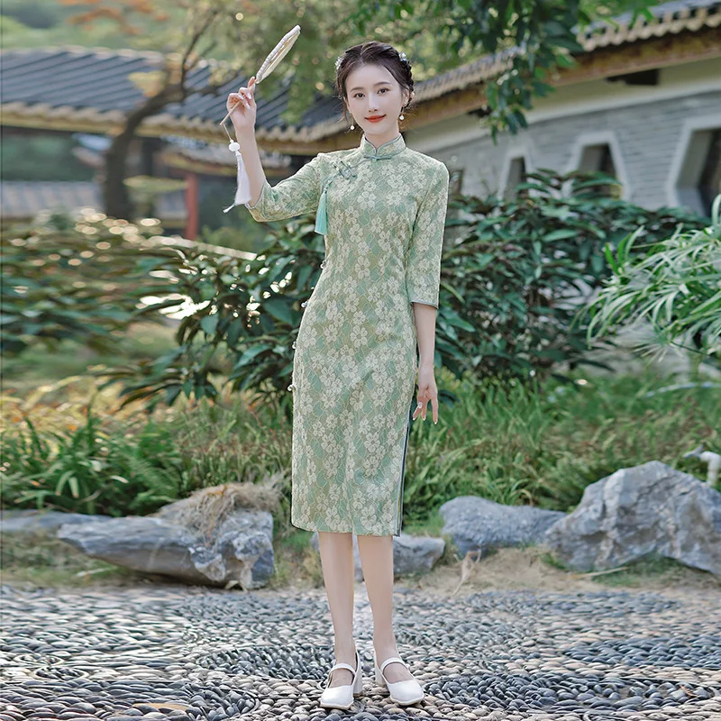 2022 Women Summer Vintage Green Flower Print Cheongsam Elegant Chinese Side Slit Qipao Dress Sweet Slim Girl Birthday Dresses