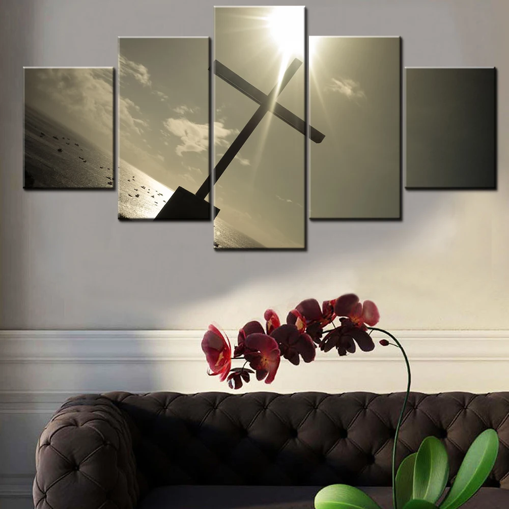 5 Pieces Canvas Wall Arts Poster Painting Cross with Radiant Sunlight Home Decor Picture Printing For Living Room Mural Artwork