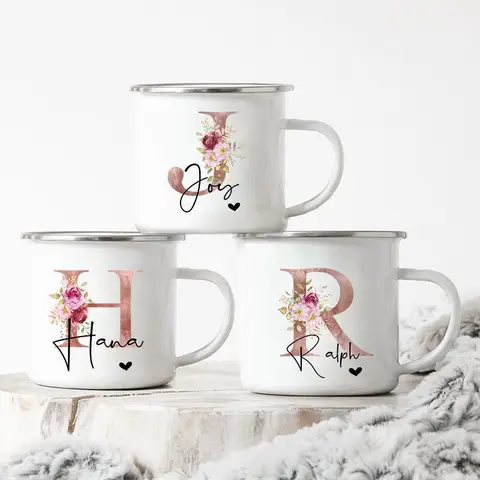 Personalized Coffee Mug with Initial Name Letter Christmas Gifts for Women Monogram Name Coffee Enamel Mug Camping Cups