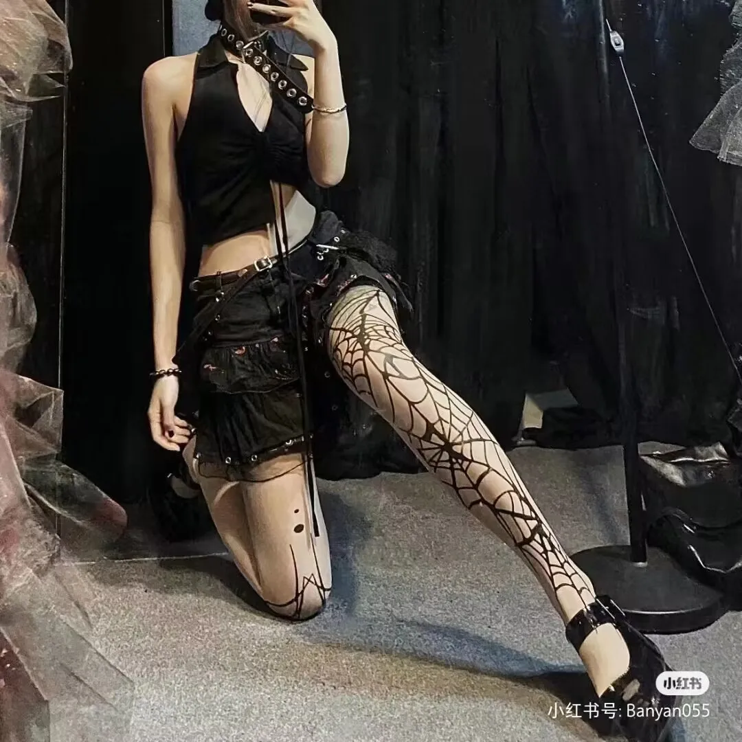 Halloween Spider Pattern Silk Stockings Gothic Vintage Dark Fishnet Tights Women Emo Alternative Sexy Spider Web Witch Pantyhose