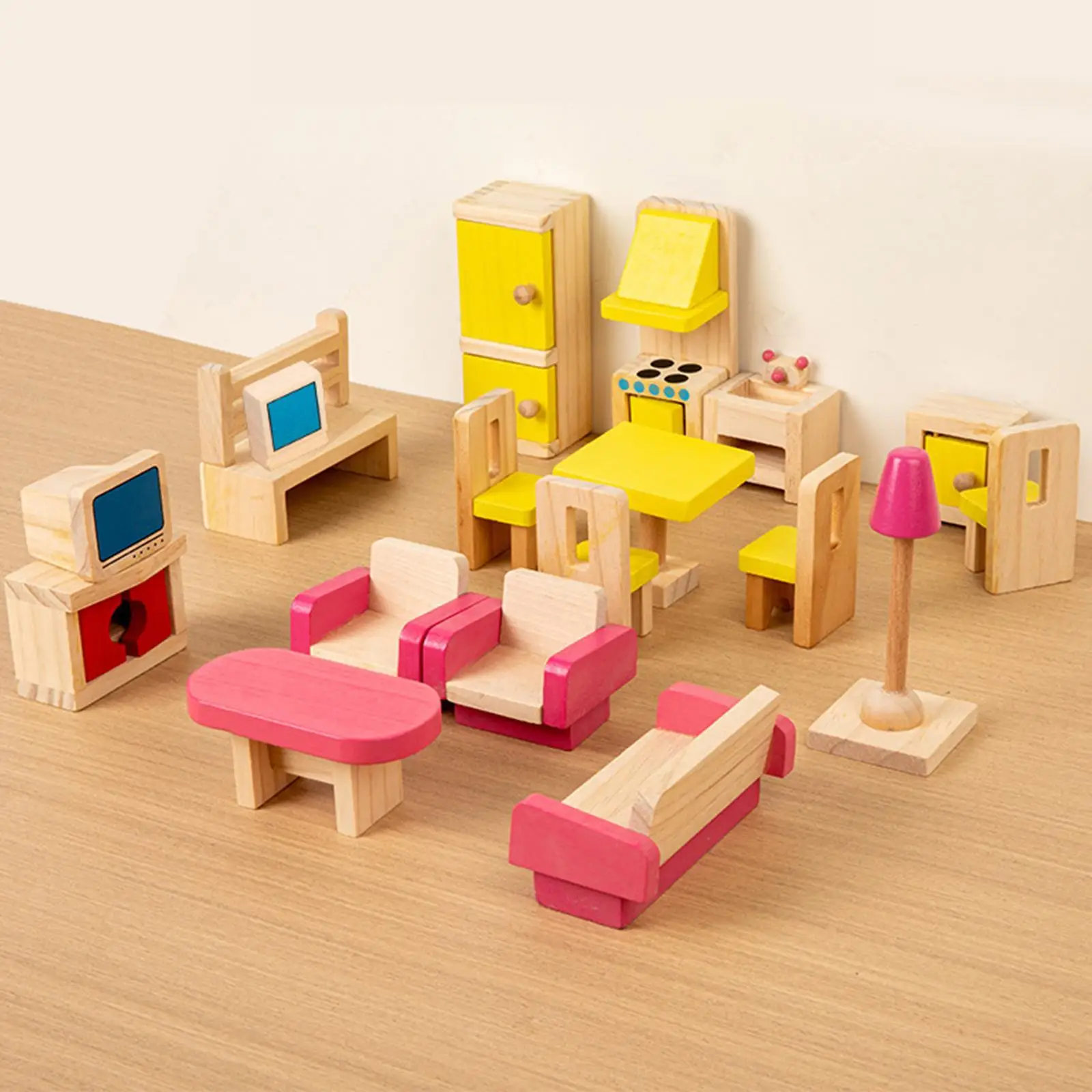 26 Uds. Muebles de madera para casa de muñecas, muebles para casa de juegos de juguete, sala de estar y baño