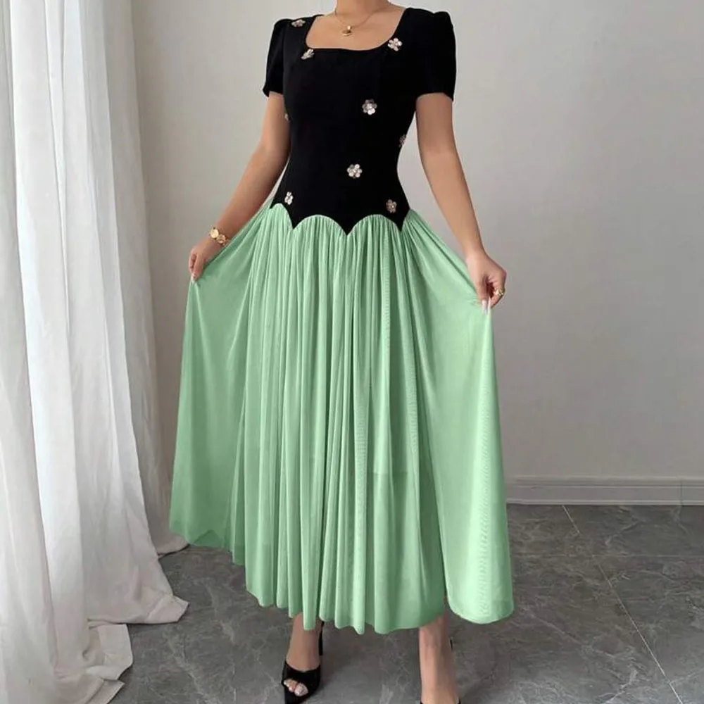 

Customized A-line Evening Dresses Tea-length Square Collar Short Sleeve Prom Gown Fashion Sequined Simple Draped Party Gown