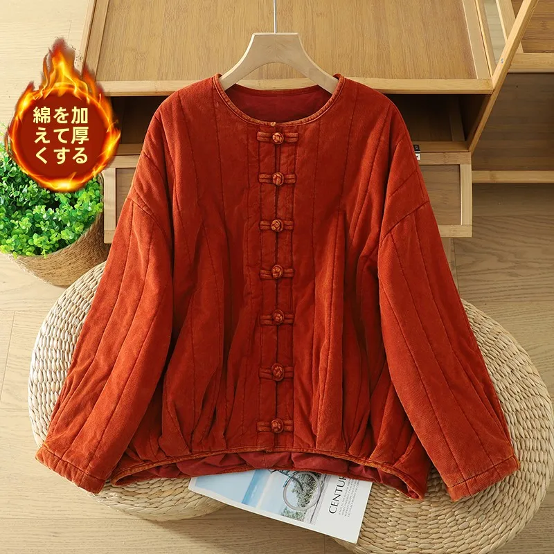 Vintage Style Large Size Women's Cotton Jacket Pumpkin Pattern Button Detail Corduroy Fabric Anti-Aging High-End Design
