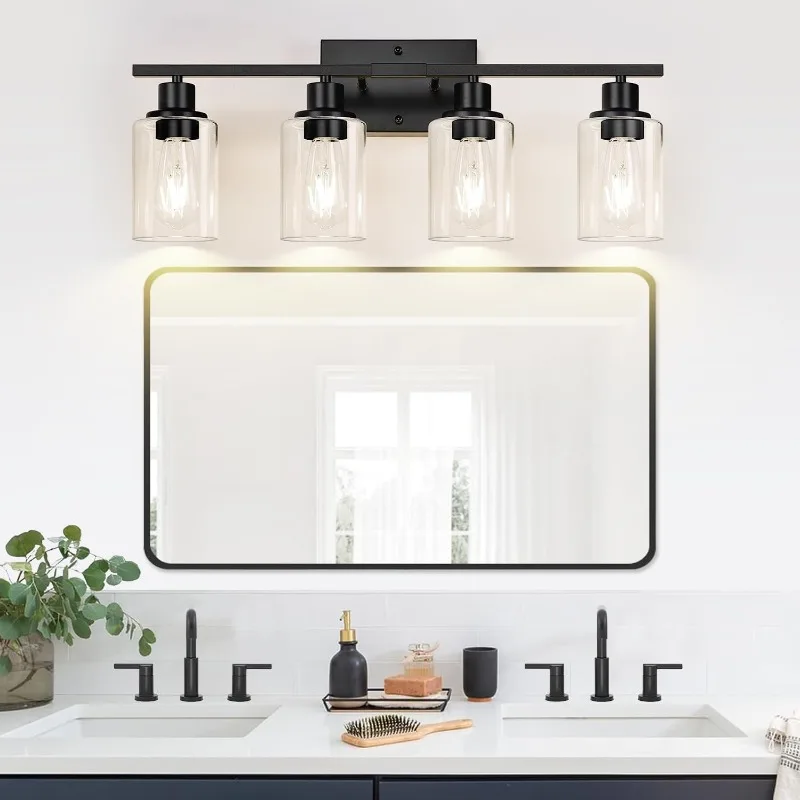 

4-Light Bathroom Light Fixtures, Matte Black Modern Vanity Lights With Clear Glass Shades, Bathroom Wall Lamp For Mirror Living