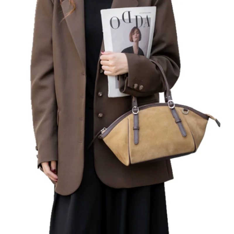 

2026 Winter Slipped Shoulder Design Women Trapeze Tote Bag Coffee Kakhi Color Matte Nubuck Leather Female Shoulder Bag