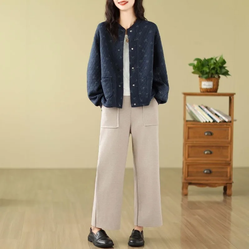 سترة صوفية بأكمام طويلة ورقبة دائرية وأزرار سفلية مع ألوان متباينة مطبوعة، بلوزة فضفاضة كاجوال عصرية للنساء