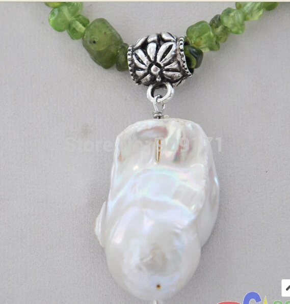 

16" 22mm white baroque keshi reborn pearl pendant olivine NECKLACE