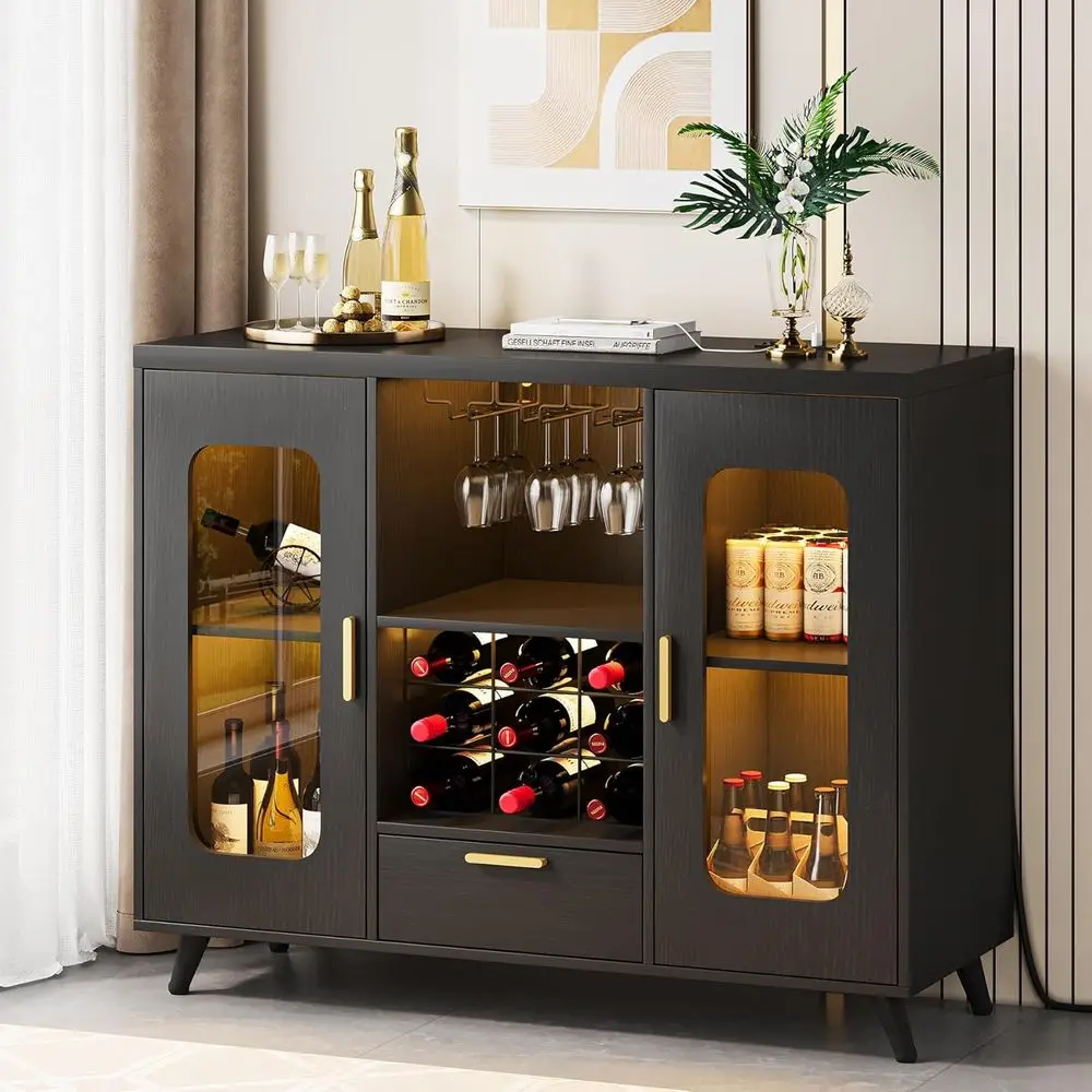 

Illuminated Coffee Bar Sideboard with Power Outlets, Liquor Cabinet in Black featuring Wine Rack and Glass Holder