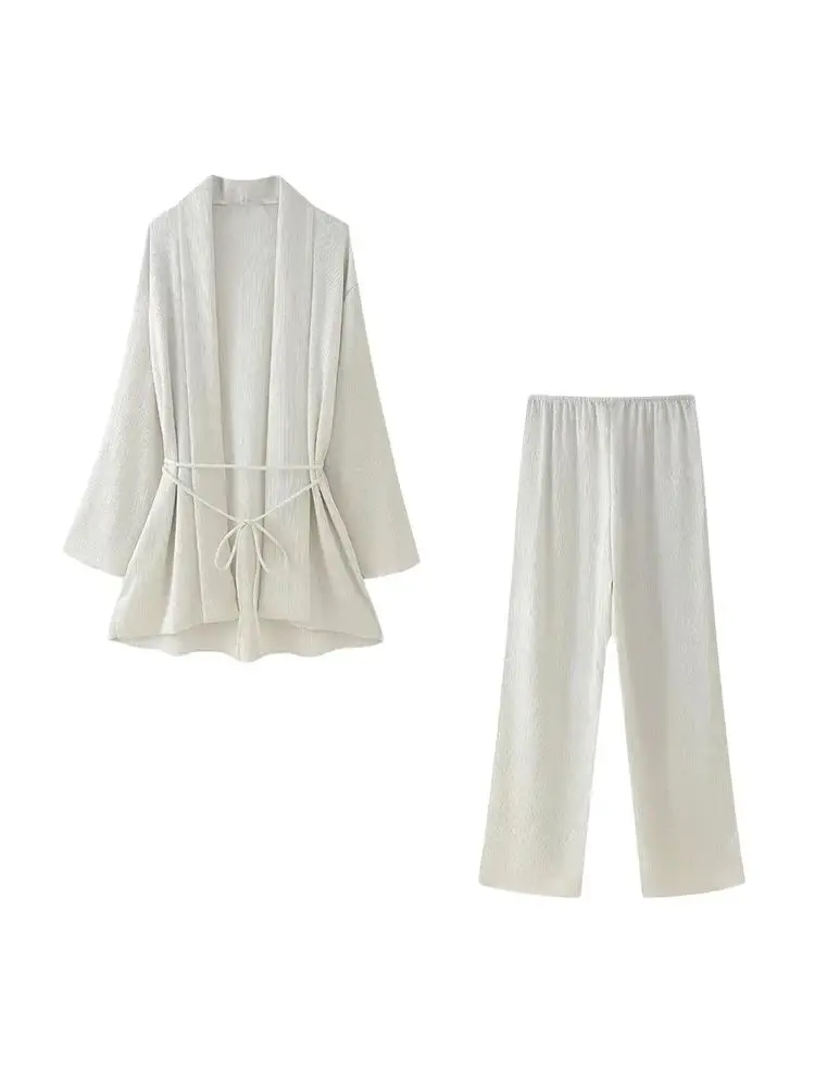 

GELITAYIN TRZA - женские свободные плиссированные блузки-кимоно с завязками и широкие брюки с высокой эластичной резинкой на талии, женские комплекты из двух предметов, мода