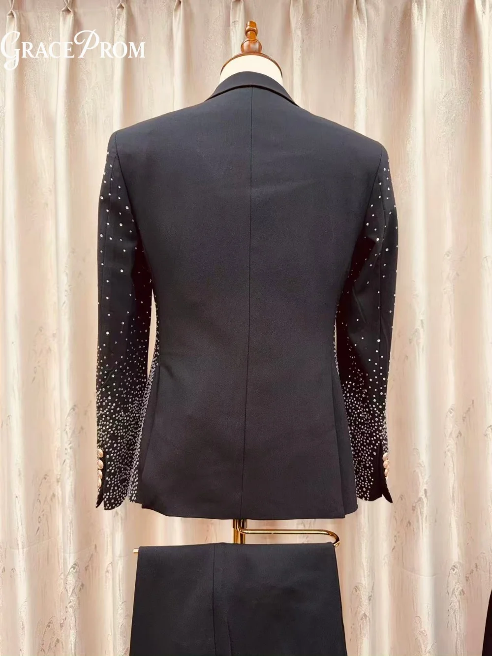 Fashion Black Gradient Crystals Beaded Men Tuxedo Shiny Peak Lapel Groom Suit 2027 3PCS Blazer Pants Party Prom Costume Homme