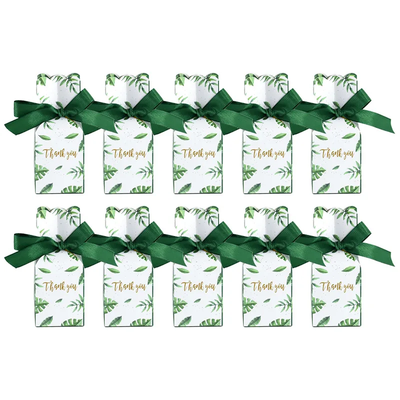 10Pcs Green Thank You Candy Gift Box With Bow Ribbon Wedding Party Gift For Guest Birthday Party Baby Shower Supplies