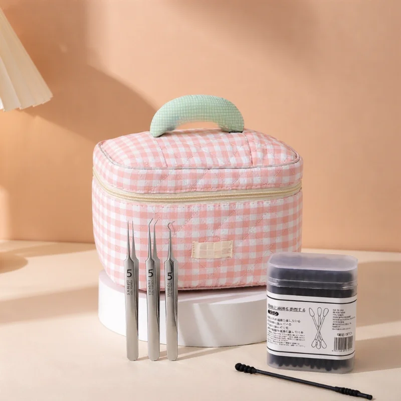 Quilted Checkered Cosmetic Bag Set, Travel Makeup Organizer with 3 Pcs Stainless Steel Extractor Tools and 200 Cotton Swabs