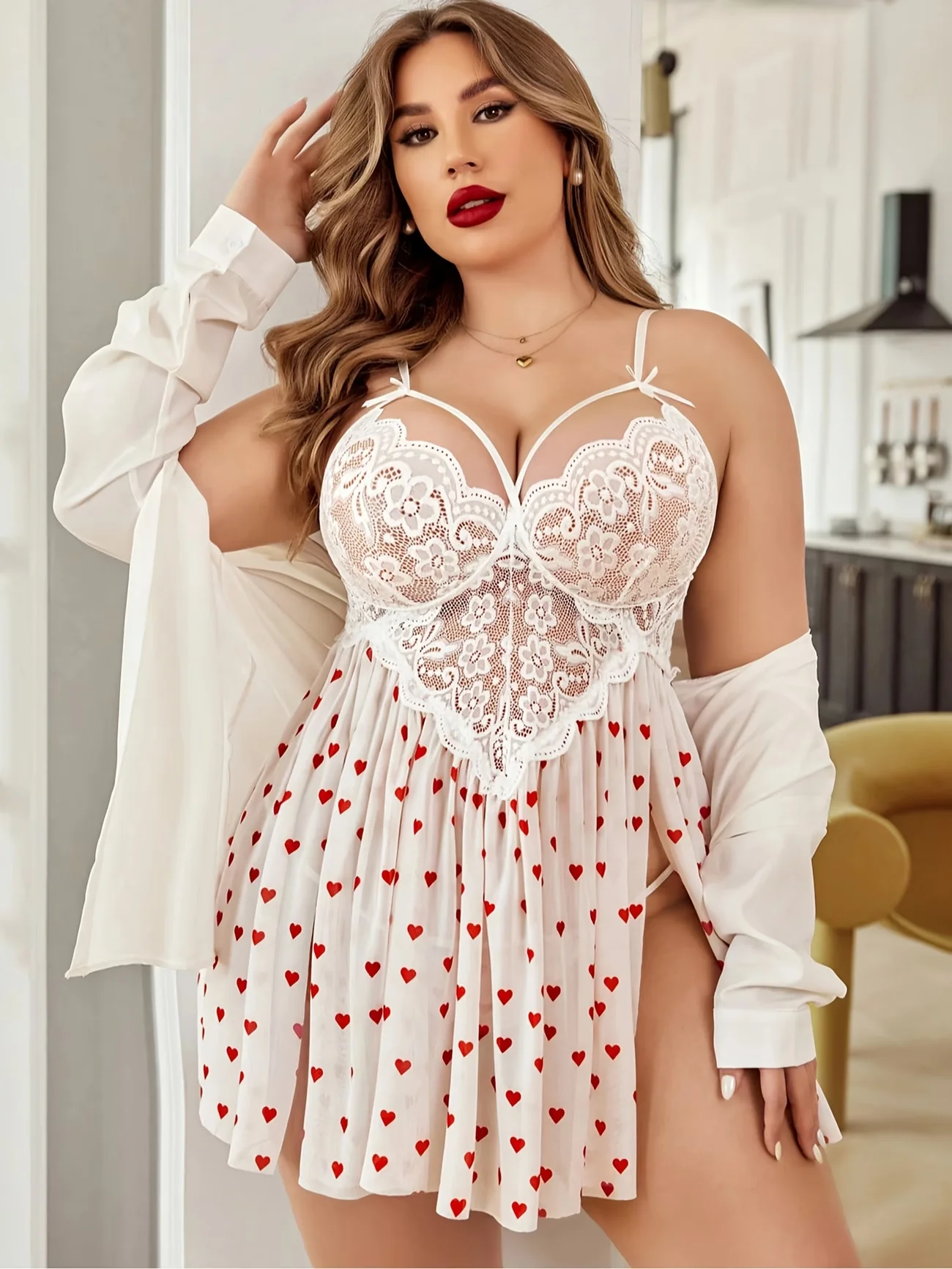Plus Size Lace Babydoll Lingerie for Women - Sheer Mesh Chemise Nightgown with Side Slit & Bow Decor, Sexy Sleepwear Dress view 3