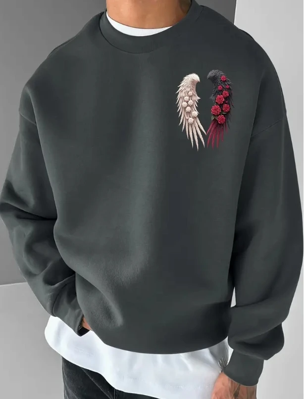 Sudadera de punto con estampado de corazón y bloques de color para hombre, diseño de contraste negro y rojo, jersey informal de manga larga con cuello redondo,