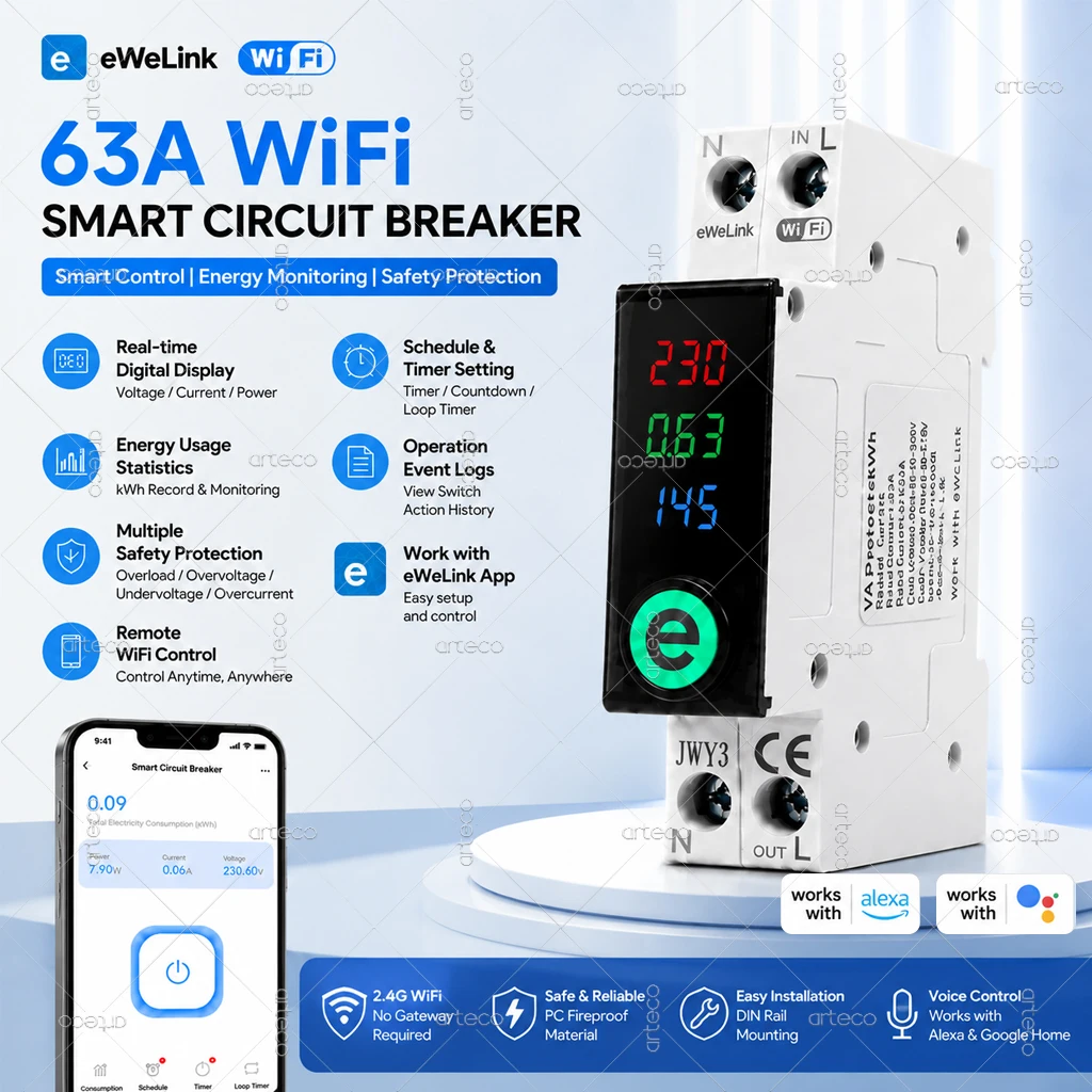 63A Smart WiFi Circuit Breaker Relay Switch EWelink APP Timing Energy Metering KWh Voltage Current Protector Alexa Voice Control