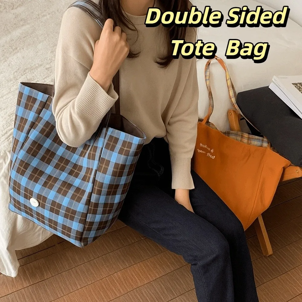 

Vintage Japanese Style Plaid Canvas Tote Bag Leisure Versatile Double Sided Shoulder Bag Cloth Commuting Lattice Handbag Travel