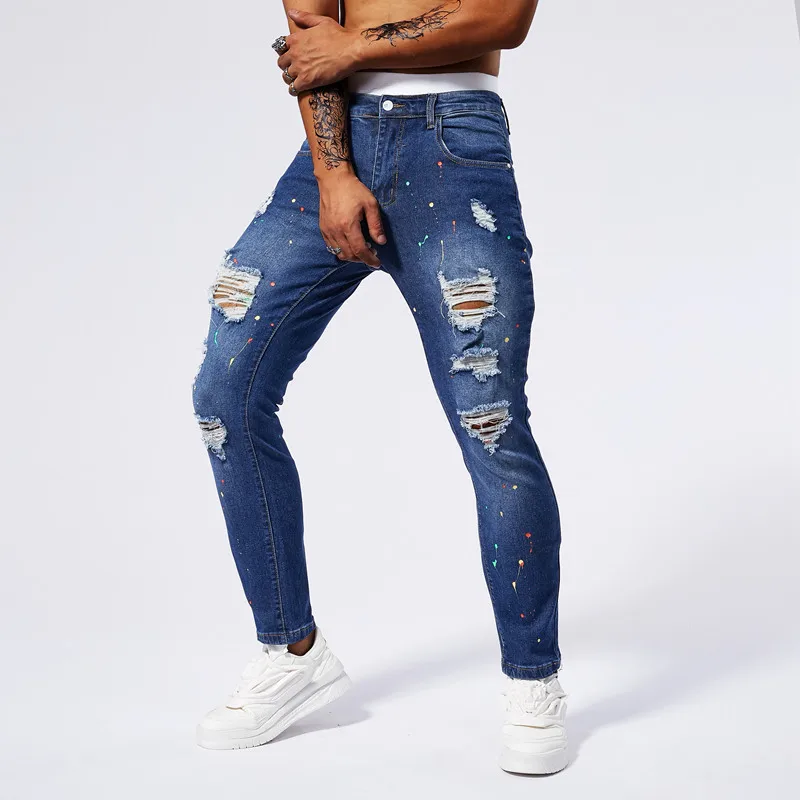 

2024, весна-лето, новые рваные джинсы с нашивкой и принтом, потертые джинсы, мужские облегающие эластичные модные длинные брюки, разные варианты цвета