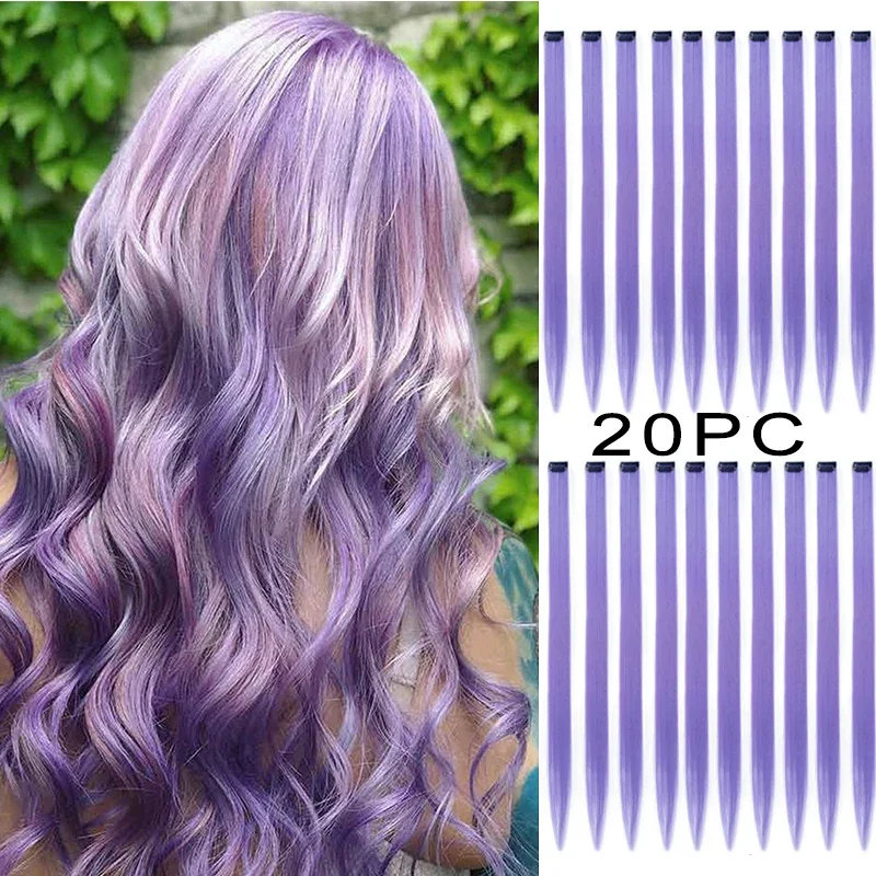 Colored Highlight Synthetic Hair Extensions With Clips Rainbow Long Straight Hairpieces for Women Kids Girls Purple Pink Blue