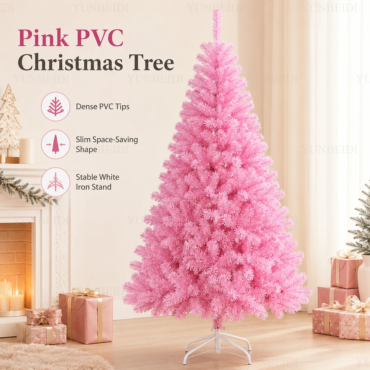 Pink Artificial Christmas Tree PVC Encryption with LED Lights Large Christmas Tree 1.2M to 2.1M Home Christmas Party Decorations