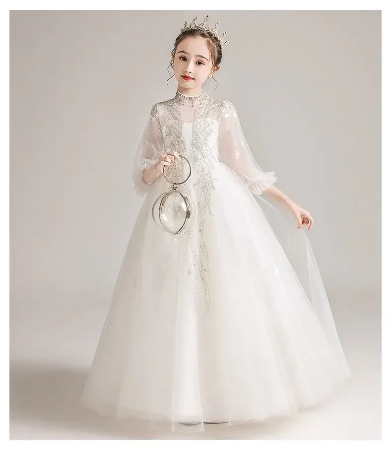 Toddler Girl Flower Birthday abito in Tulle bianco abito da sposa in pizzo con paillettes abbigliamento da festa per bambini abito da principessa