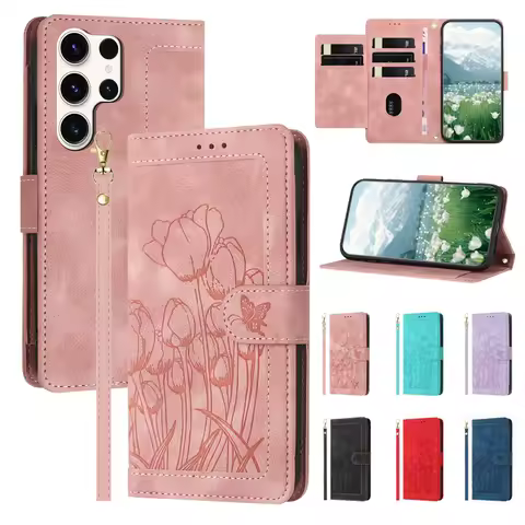 For Samsung S24 Ultra Tulip Flip Leather Case For Galaxy S23 Fe S22 S21 S20 S10e A73 A55 A54 A34 A15 5g Lanyard Protective Case