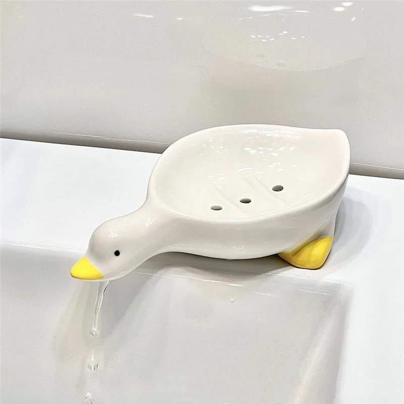 Ceramic Soap Dish with Drain, White Cute Animal Soap Dish for Shower Bathroom, Self Draining Ceramic Soap Holder