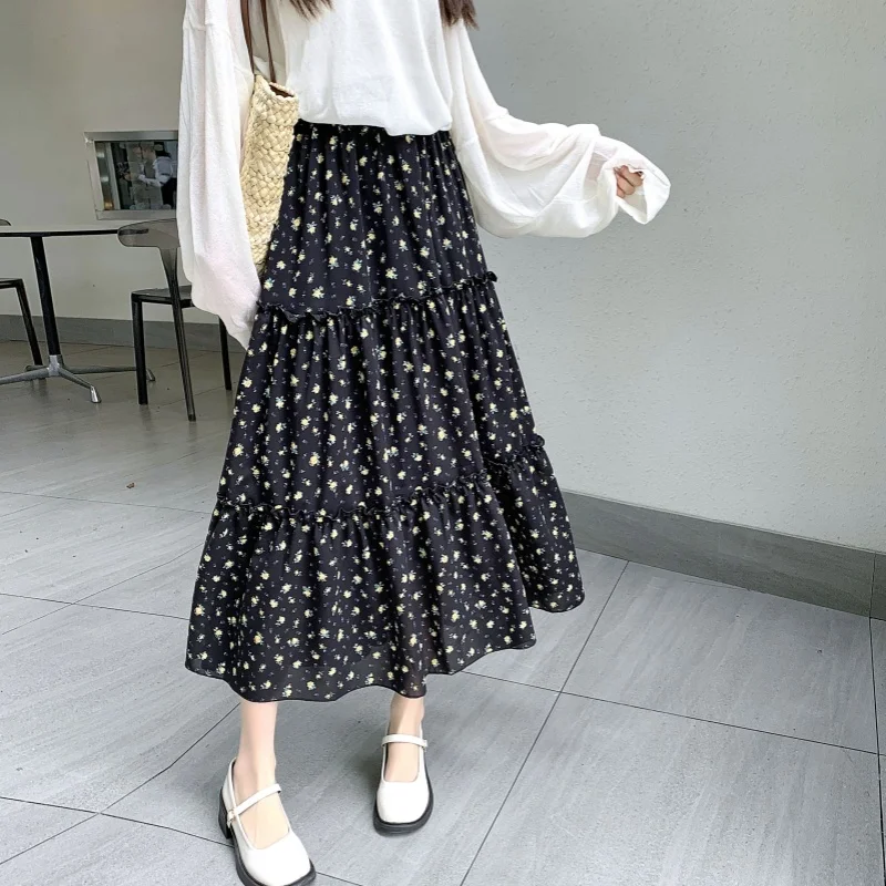 

Ретро-юбка с цветочным принтом, плиссированная, женская, летняя, новая, маленький размер, с завышенной талией, широкая юбка-парасолька, многослойная юбка с цветочным узором