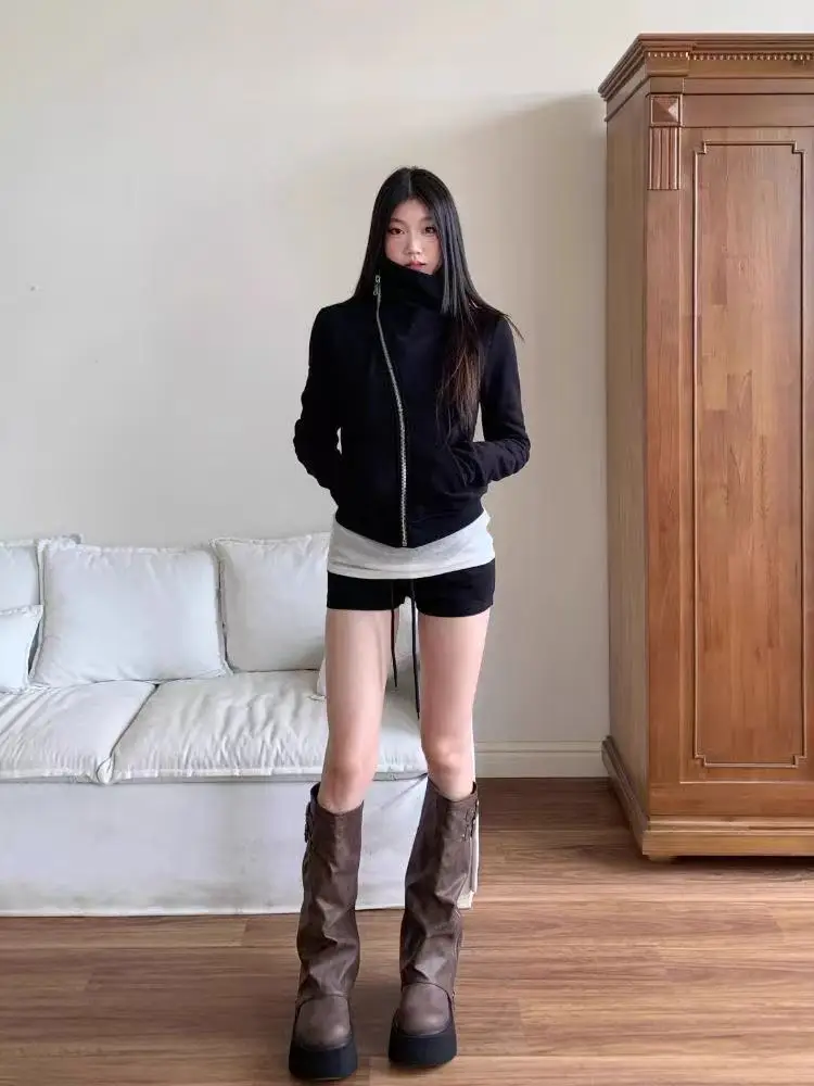 سترة نسائية كورية بقلنسوة وأكمام طويلة للخريف والشتاء سترة فضفاضة غير رسمية ملابس هاراجوكو الصلبة Y2k بسحاب 2025 #3